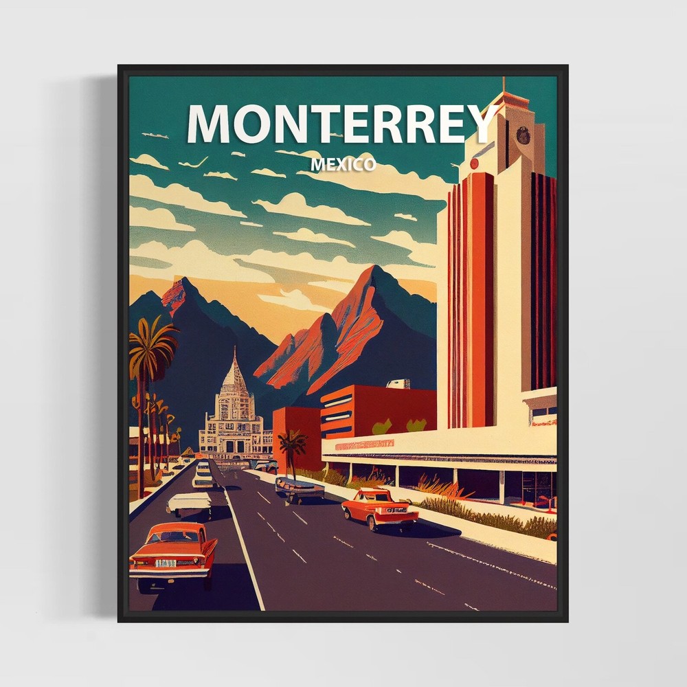 Vintage Monterrey Mexico Wall Art Print Retro Illustration