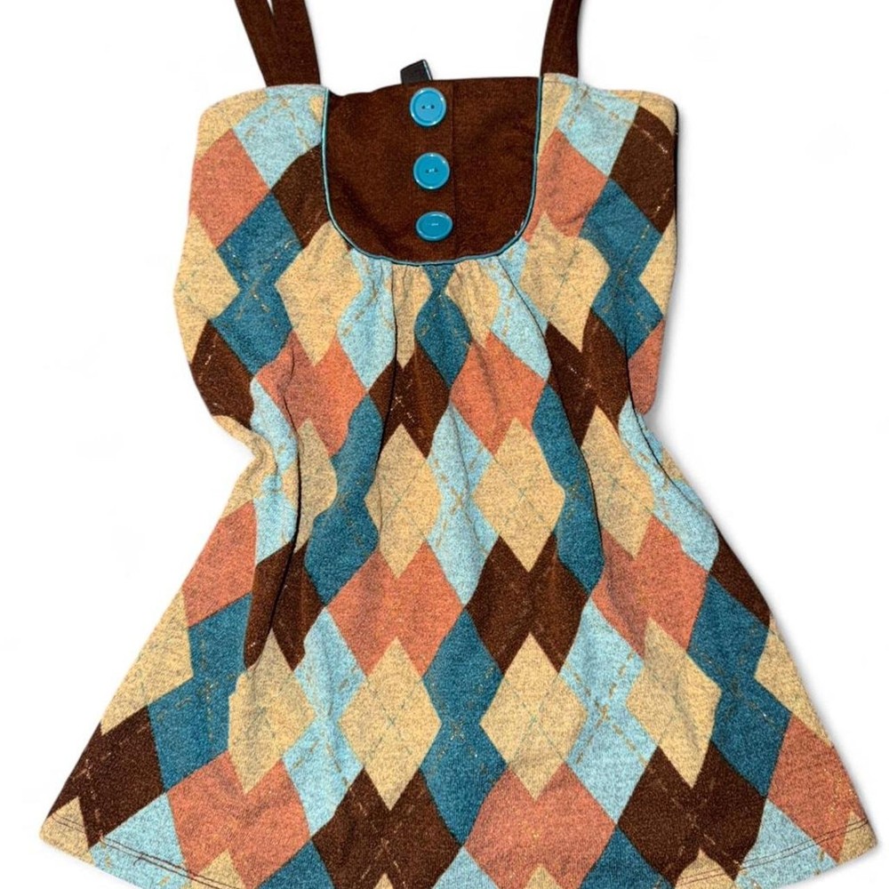 VTG Y2K Argyle Knit Cami Top Brown Blue Multi Plaid Button Babydoll Tank Size L
