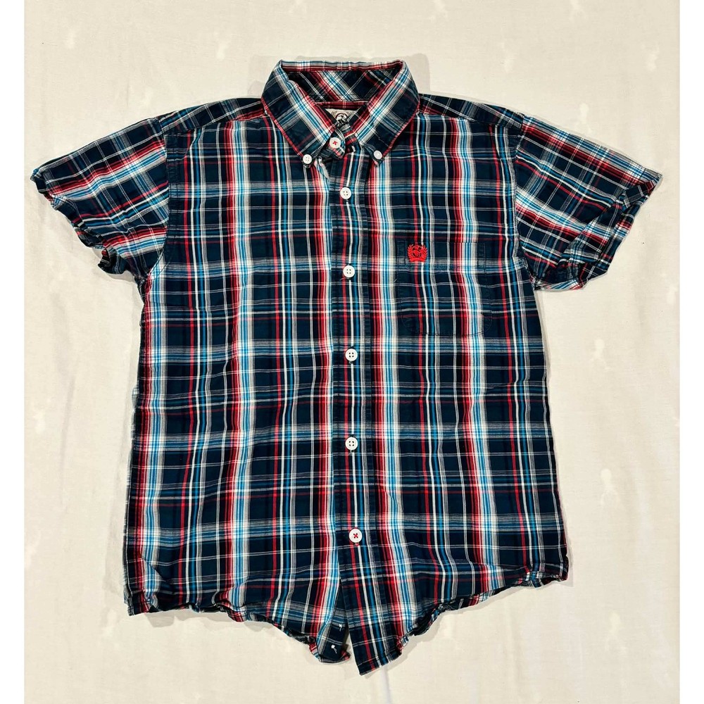 Cinch Boys Short Sleeve Plaid Button Down Western Shirt Size S 6-8