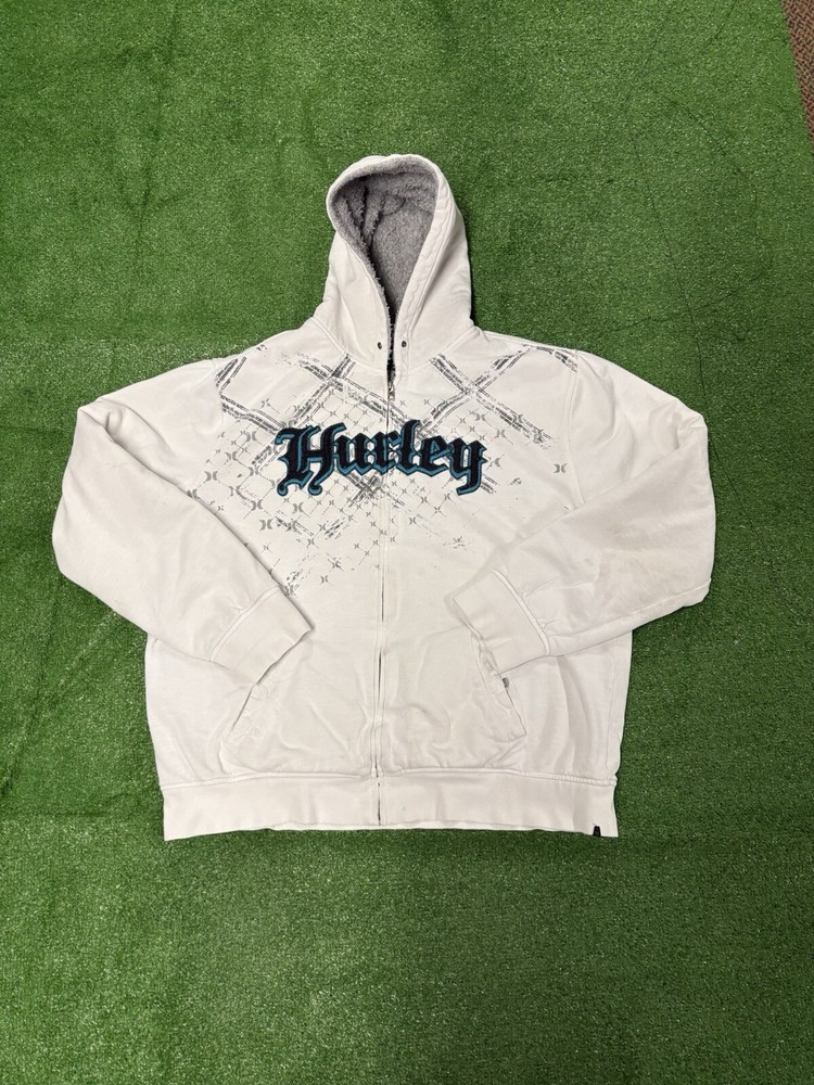 Vintage 90s 00s Hurley Y2K Emo Grunge MMA Elite Style Sherpa Line Zip Up Hoodie