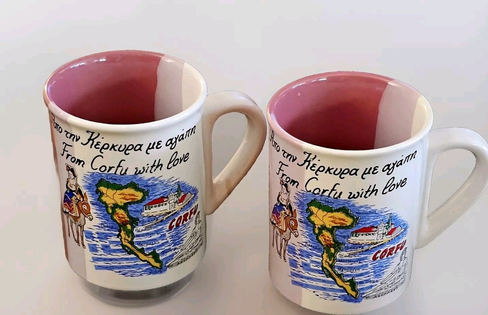 Set of 2 CORFU, Greece Travel Souvenir Ceramic COFFEE Tea Mug Colorf ISLAND MAP