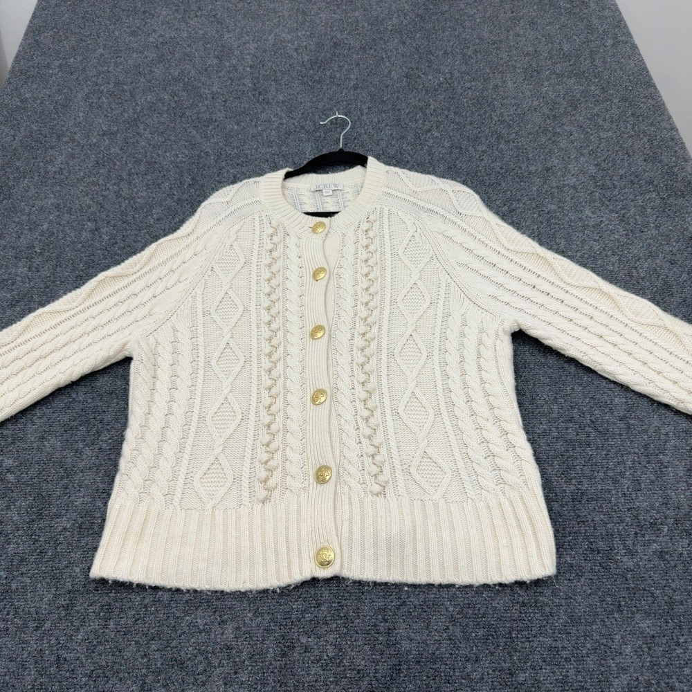 J Crew Cardigan Women L Cream Polyamide Lambs Wool Cable Knit Gold Button Preppy