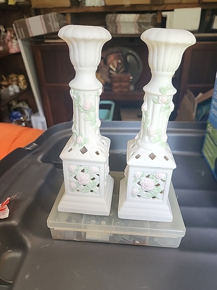 Vintage Bisque Rose Entwined Hand Painted Porcelain Candle & Tea Light Holder