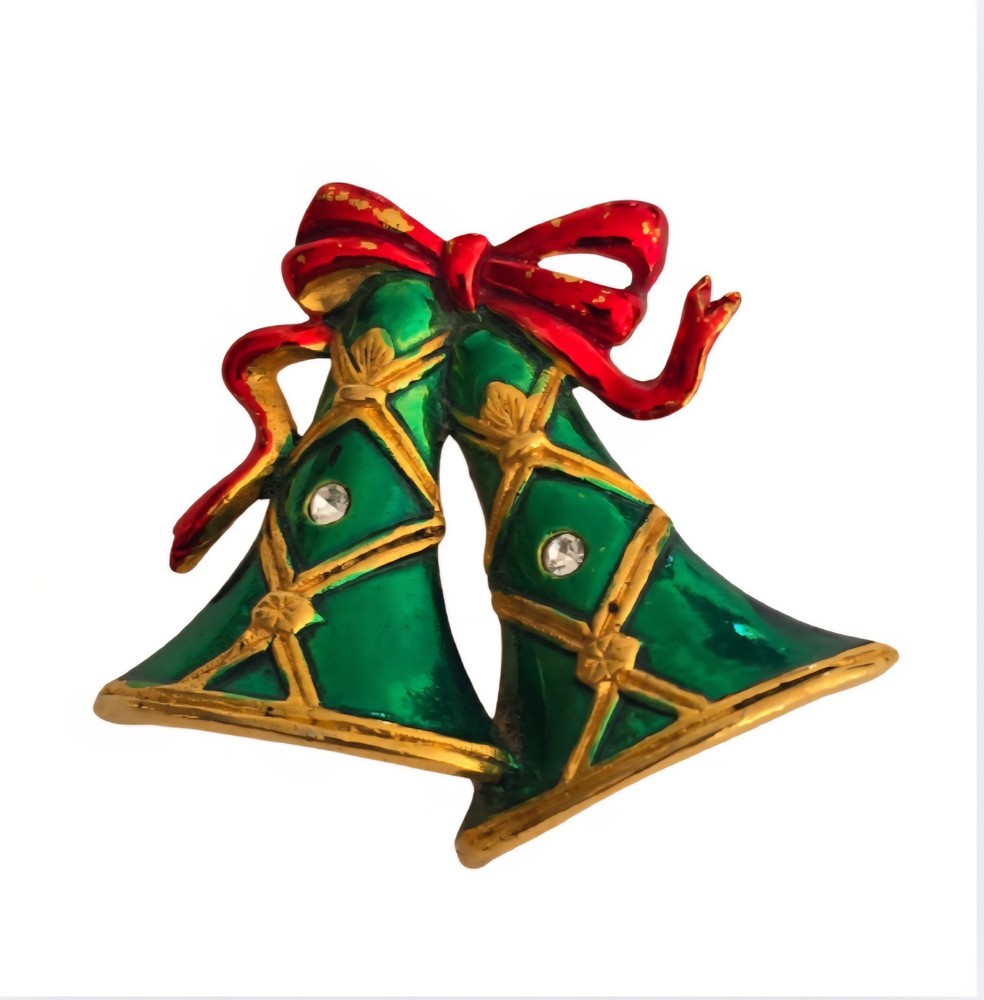 Steinmetz SFJ Brooch Vintage Gold Tone Enamel Crystal Bells Christmas Pin Signed