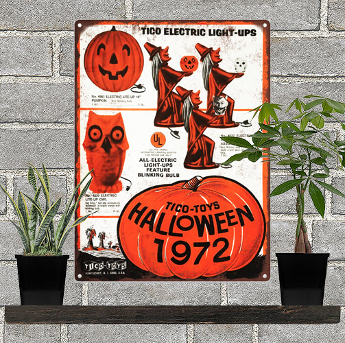 1972 Tico Halloween Blow mold Witch Owl Mancave Metal Sign Repro 9x12