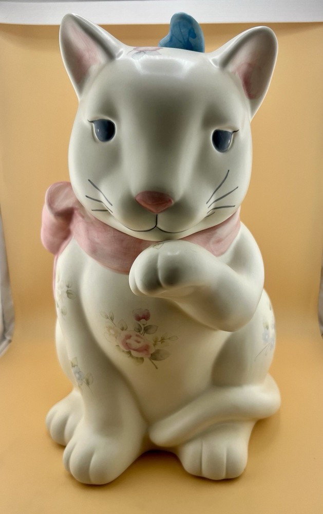 VTG Pfaltzgraff Tea Rose Collectible Ceramic Cat w/ Bow & Butterfly Cookie Jar