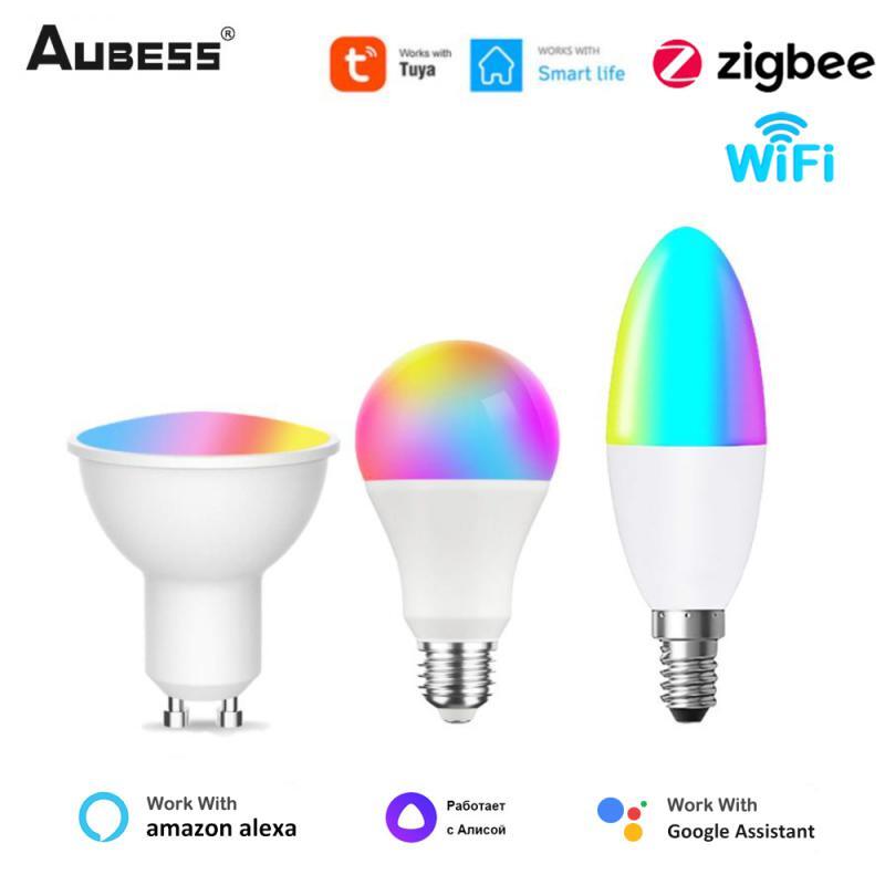 AUBESS Tuya WiFi ZigBee Smart Dimmable Magic Bulb E14 E14 GU10 RGBCW LED Bulb Fo