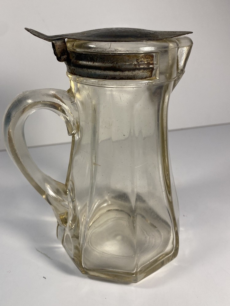 VTG Heavy Heisy Glass Cream Pitcher with Metal Lid Pat Pending 1915