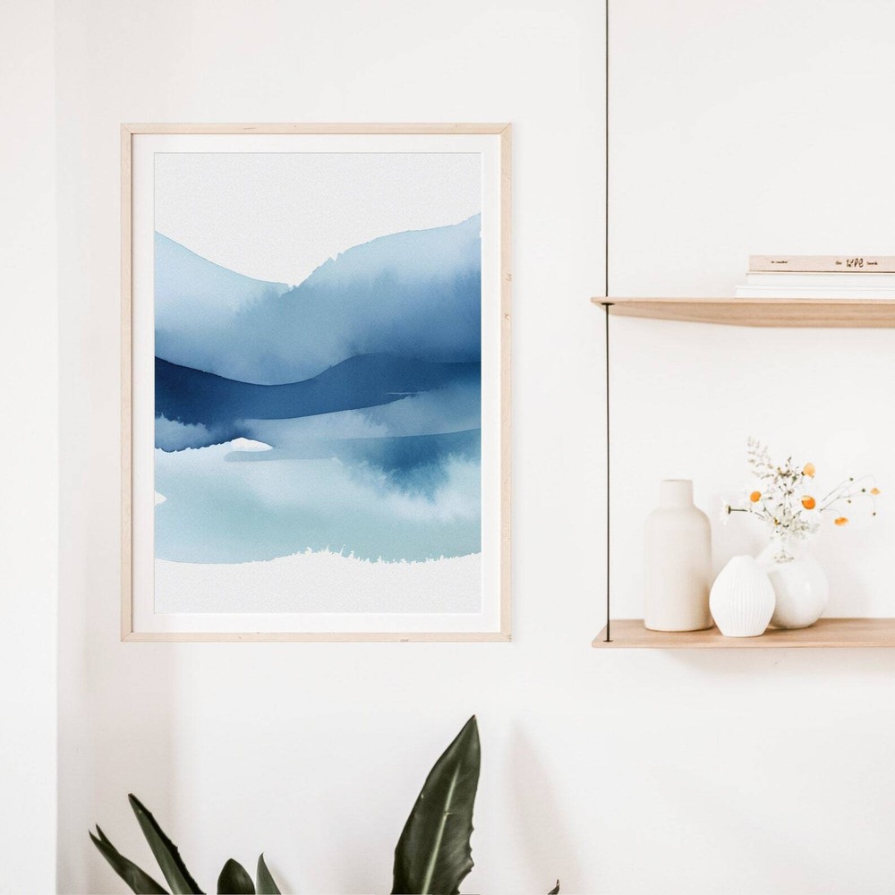Watercolor Waves Print Coastal Wall Art Boho Beach Decor Ombre Blue Wall Art