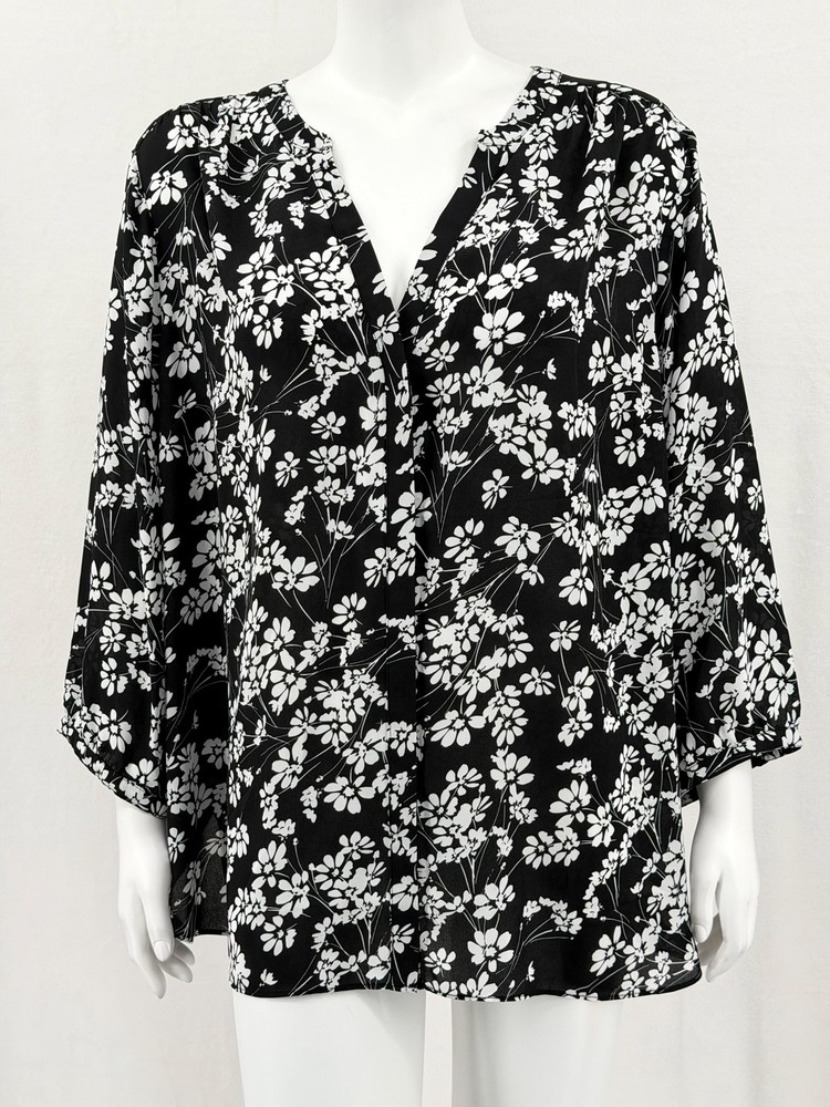 NYDJ Top Womens 1X Black White Floral Sheer V-Neck Button Up Boho Office Work
