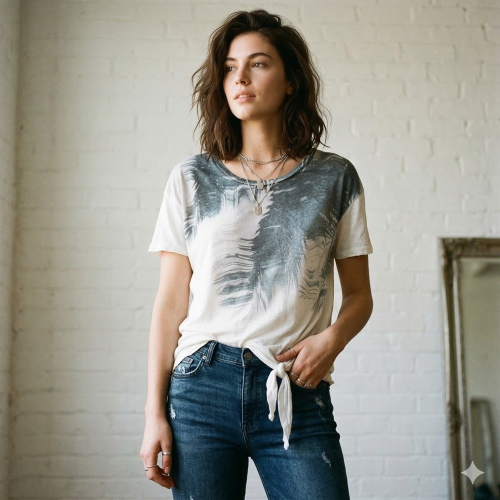 AllSaints Top Womens Medium White Grey Abstract Palm Print Side Tie Knot Tee-image