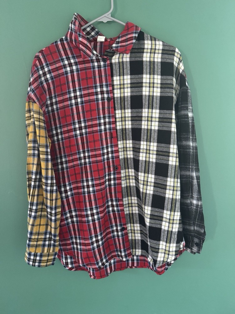 SHEIN Teen 14Y Colorblock Plaid Button Down Long Sleeve Yellow Black Red Flannel