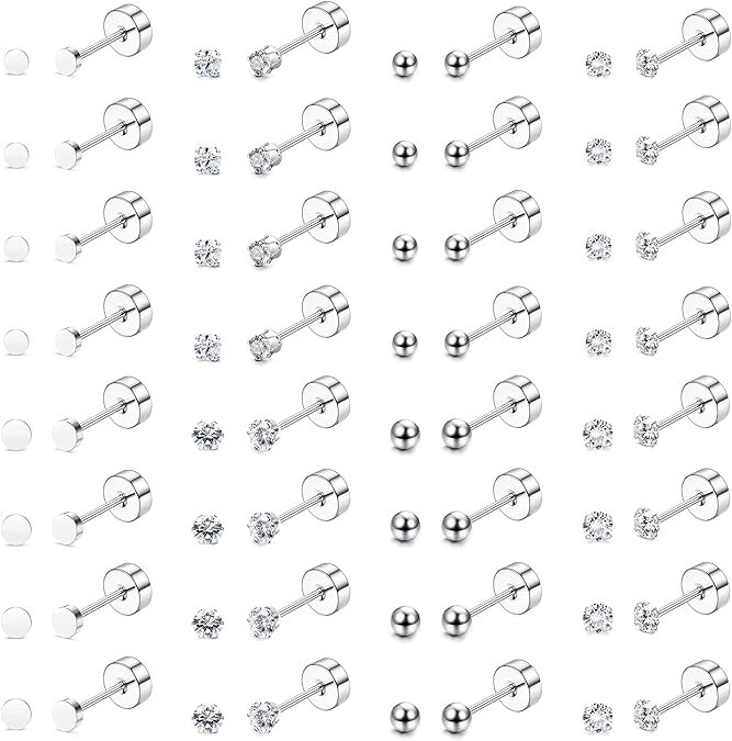 16 Pairs Tiny Cartilage Stud Earrings for Women Men Surgical Steel Flat Back ..