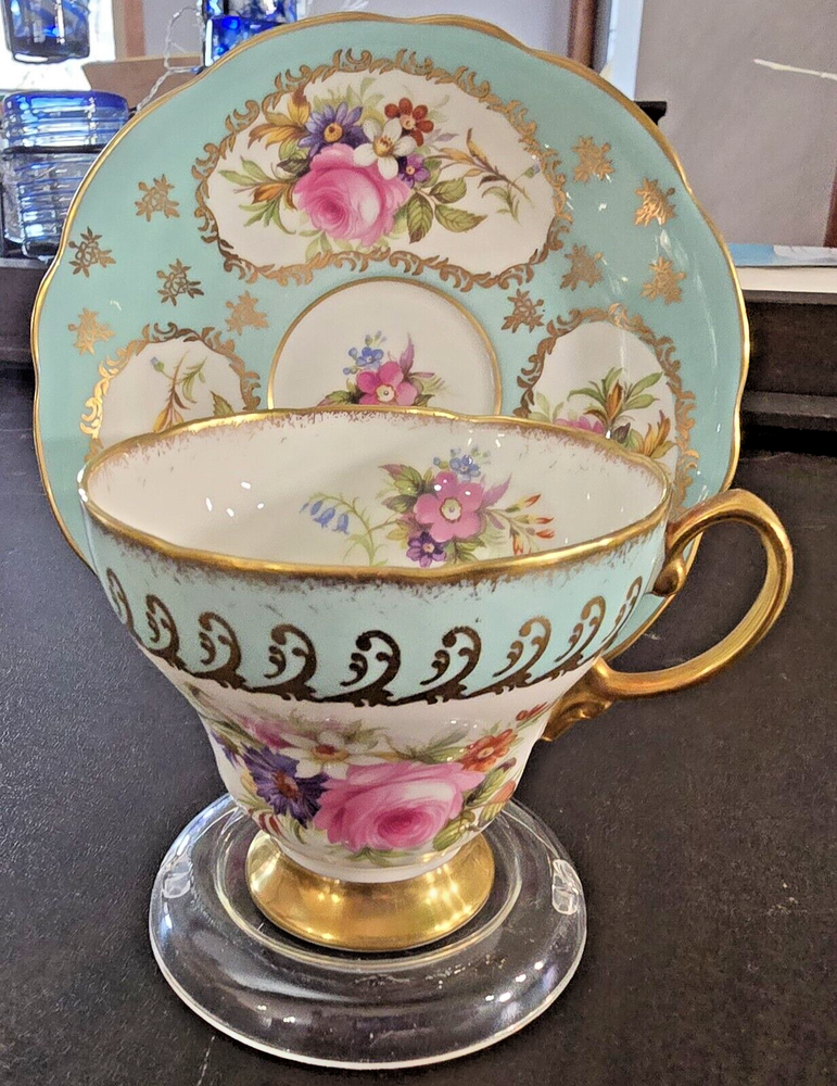 EB Foley England (1850) Teacup & Saucer Rose Bouquet Pattern w/Gold Trim  1940's