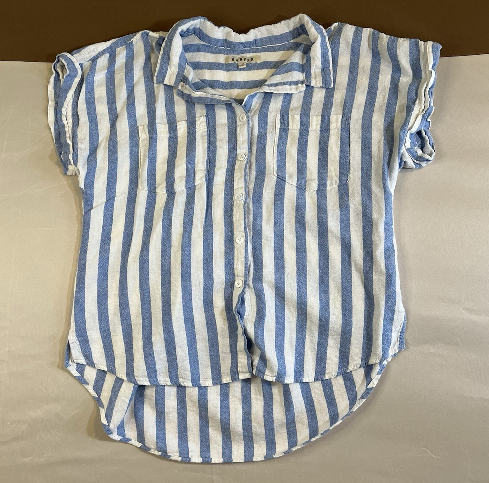Harper Women's M Blue/White Striped Button-Up Collared Linen/Rayon Blouse