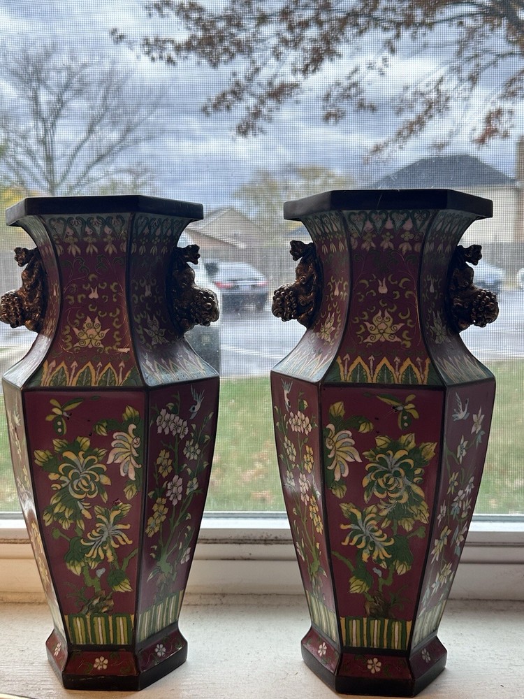 Rare pair Antique Chinese Brass Enamel Cloisonne 12” Vase With Foo Dog marked