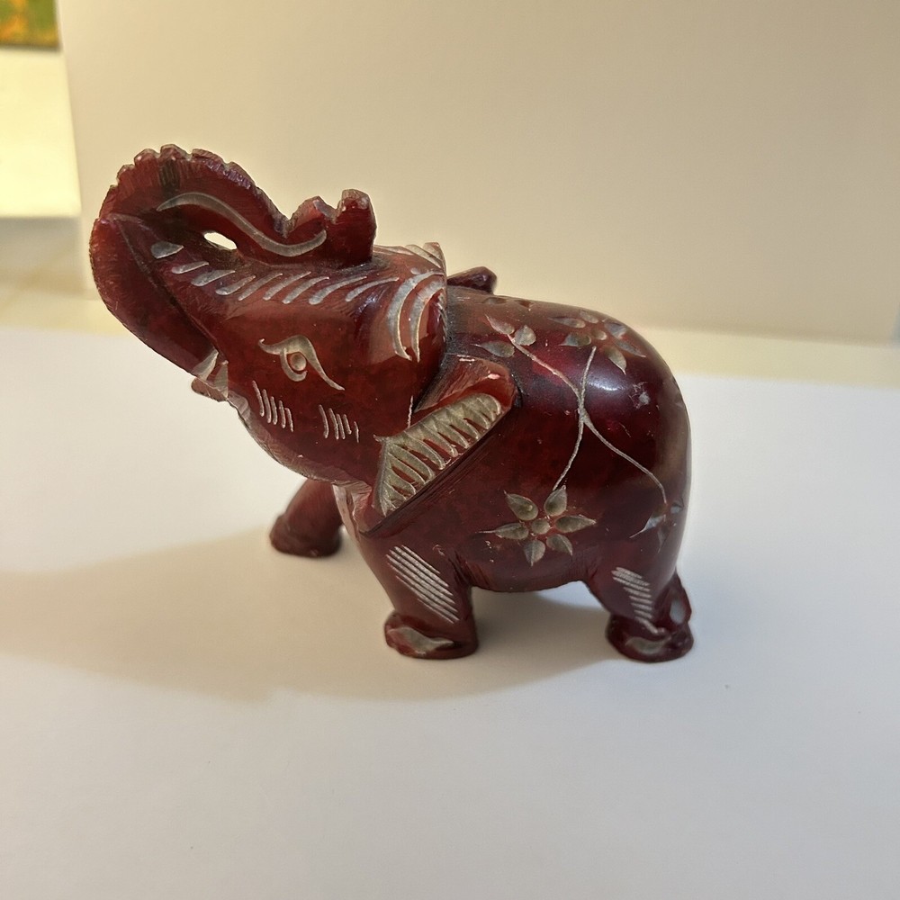 Carved Soapstone Burgundy Red Elephant Floral Carvings Sculpture Detailed Gift