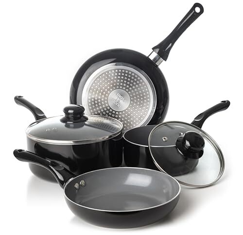 6 Piece Black Nonstick Cookware Set, Pots And Pans Set Non stick With Glass L...
