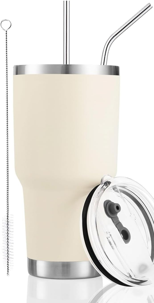 30Oz Cream Tumbler Stainless Steel Insulated Travel Mug with Straw Lid Cleaning
