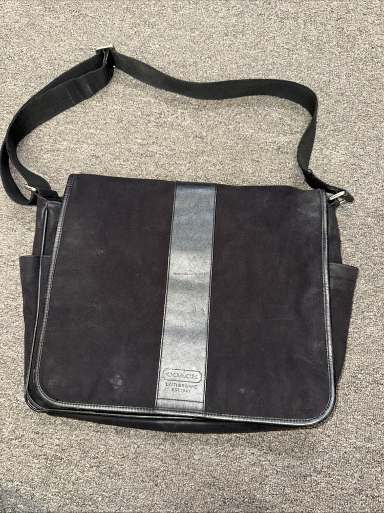 Vintage Coach Monogrammed Messenger Briefcase Black Canvas Leather Bag