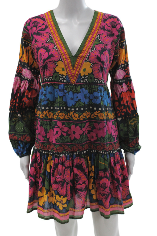 Farm Rio Women Black Floral V Neck Long Sleeve Mini Shift Dress Size PSFree Shipping in US $100+ Orders | $6.95 Orders Below
