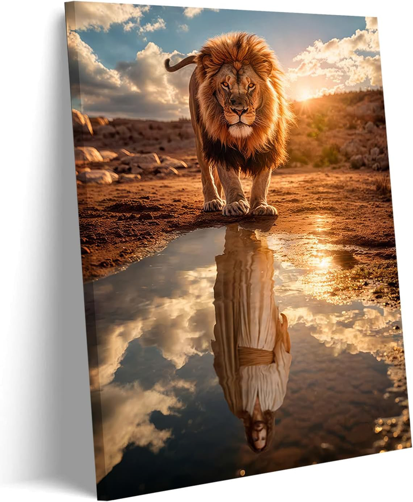 Framed Lion and Jesus Canvas Wall art Christian Jesus Lion King Poster Print for