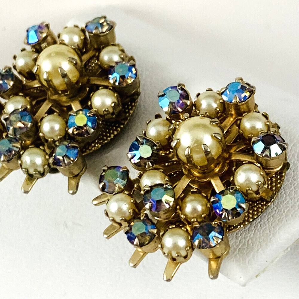 Vintage Faux Pearl Aurora Borealis AB Rhinestone Gold Tone Screw Back Earrings
