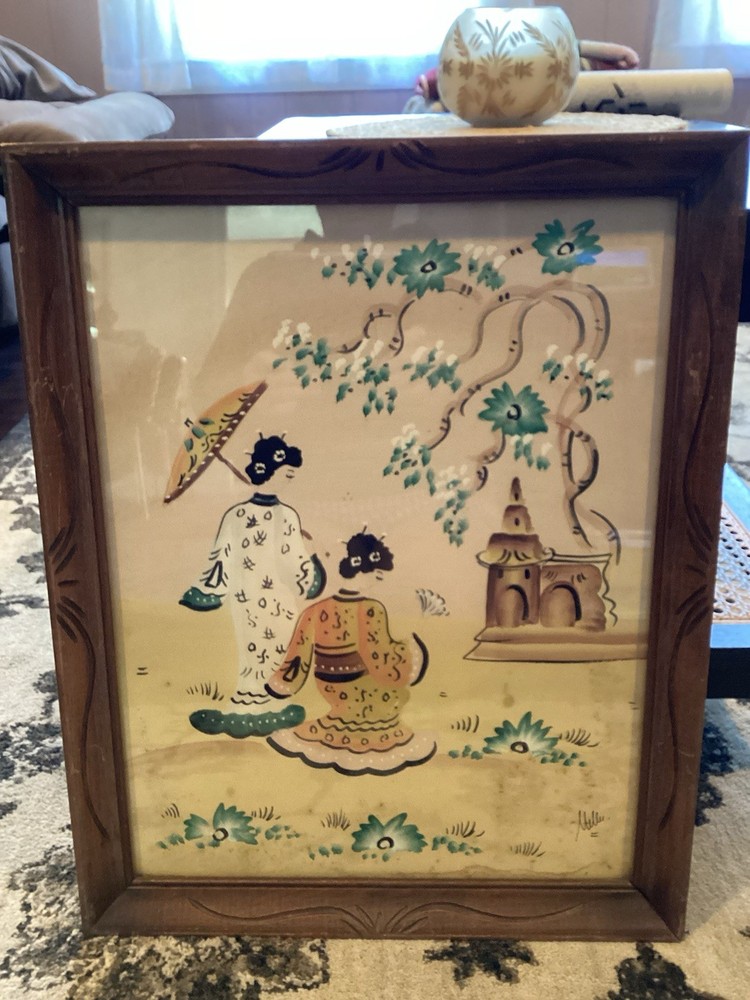 Vintage Oriental Painting Tempera On Board Or Watercolor? Framed MCM