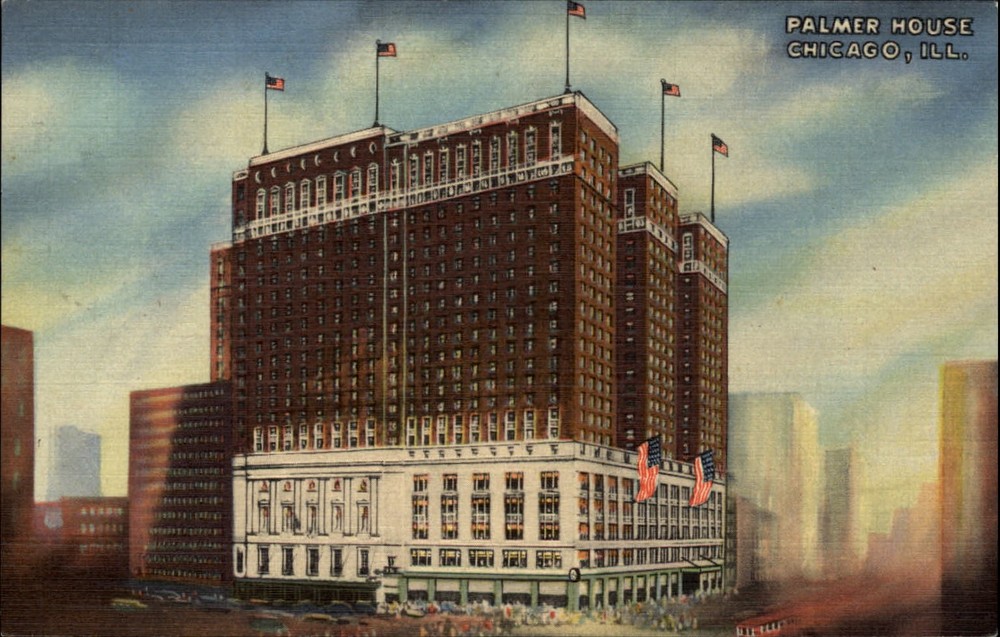 Palmer House Chicago Illinois flags ~ 1940s linen postcard