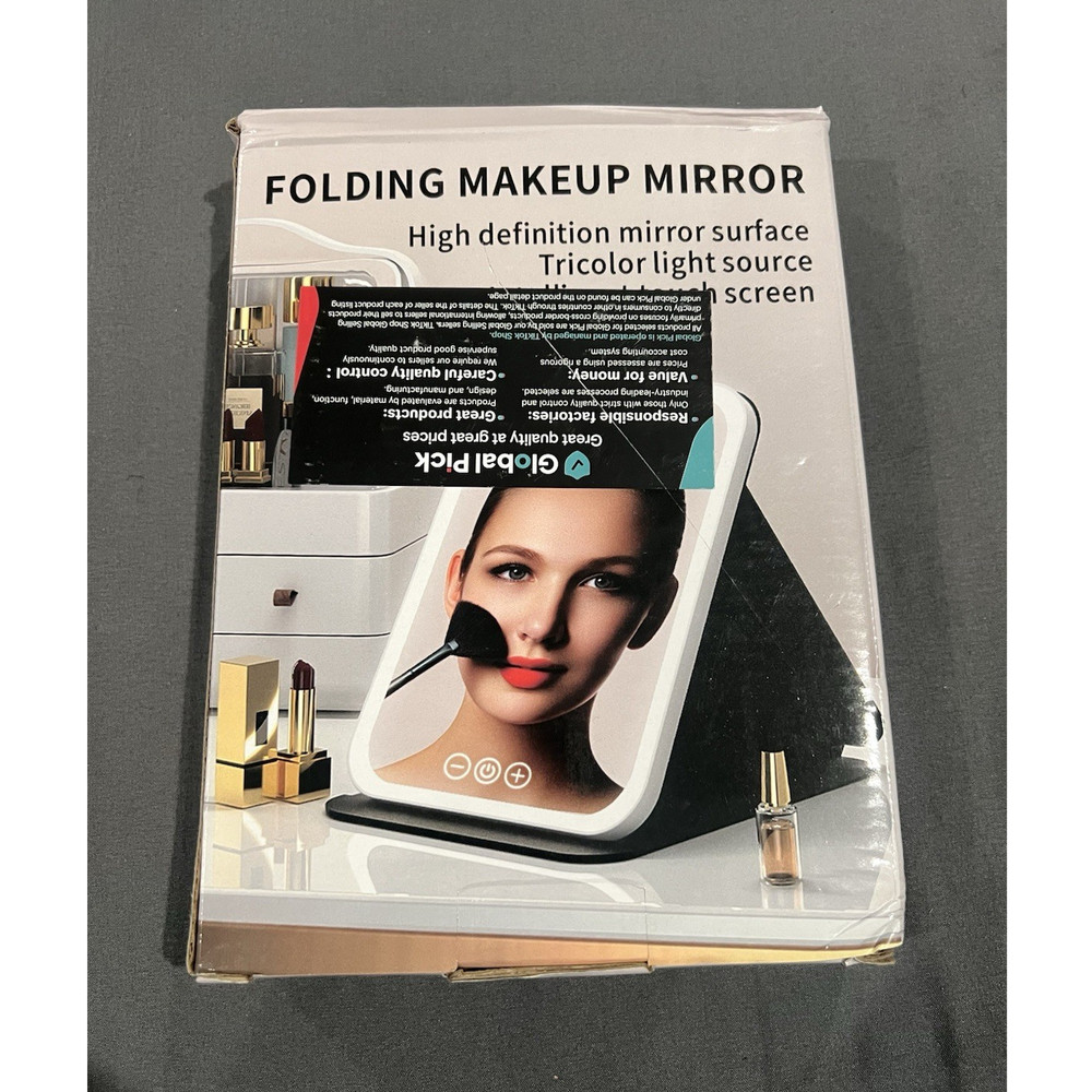 Folding LED Lighted Makeup Mirror, Tricolor Touch, Pink Tabletop Rectangle