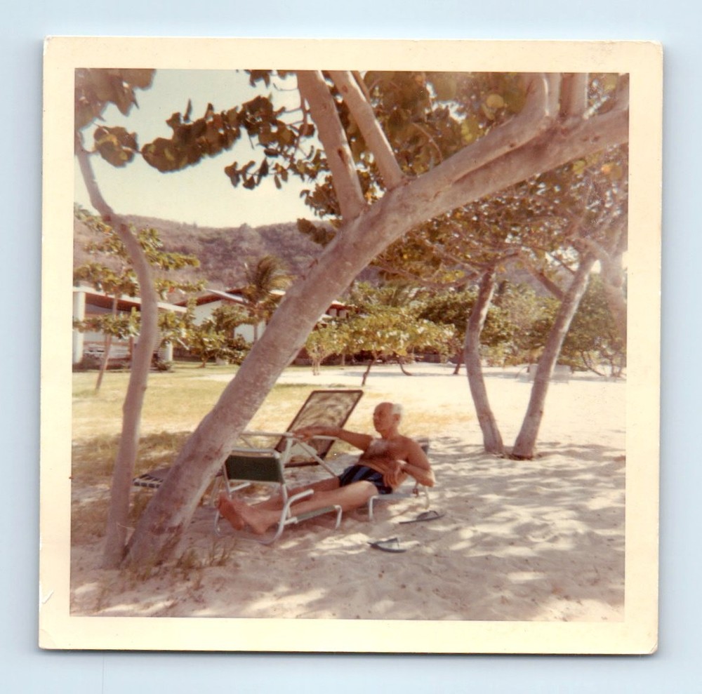 Old Vintage Square Color Photo SOLO SHIRTLESS MAN IN BEACH RECLINER SNAPSHOT