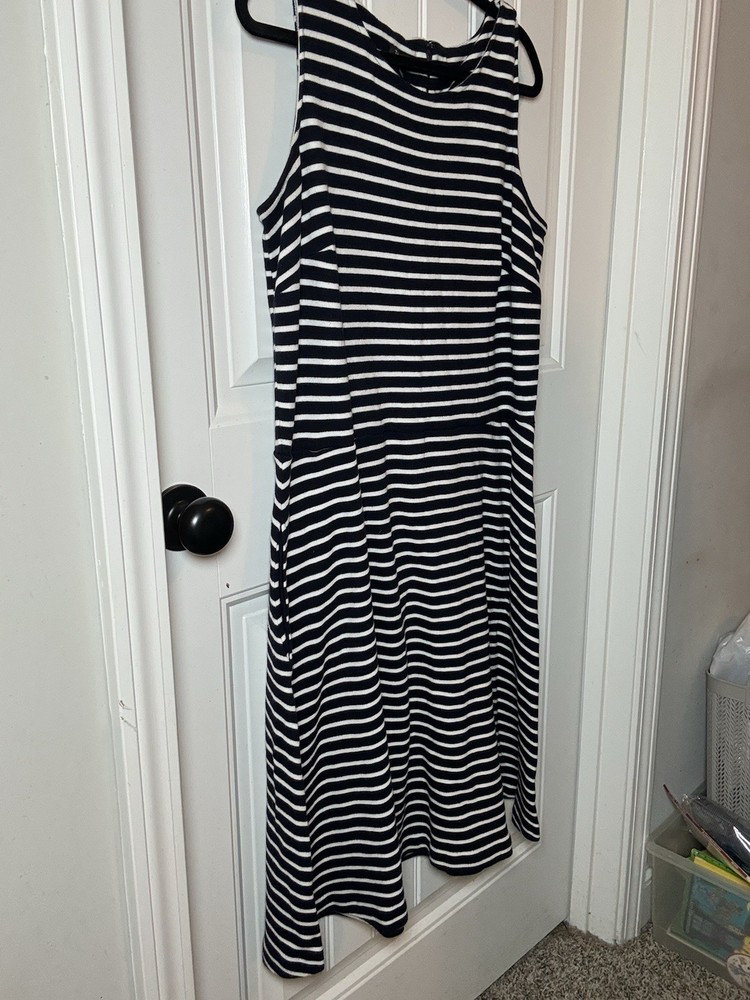 Talbots Navy White Striped Shift Midi Dress Sleeveless Round Neck Zip 1X