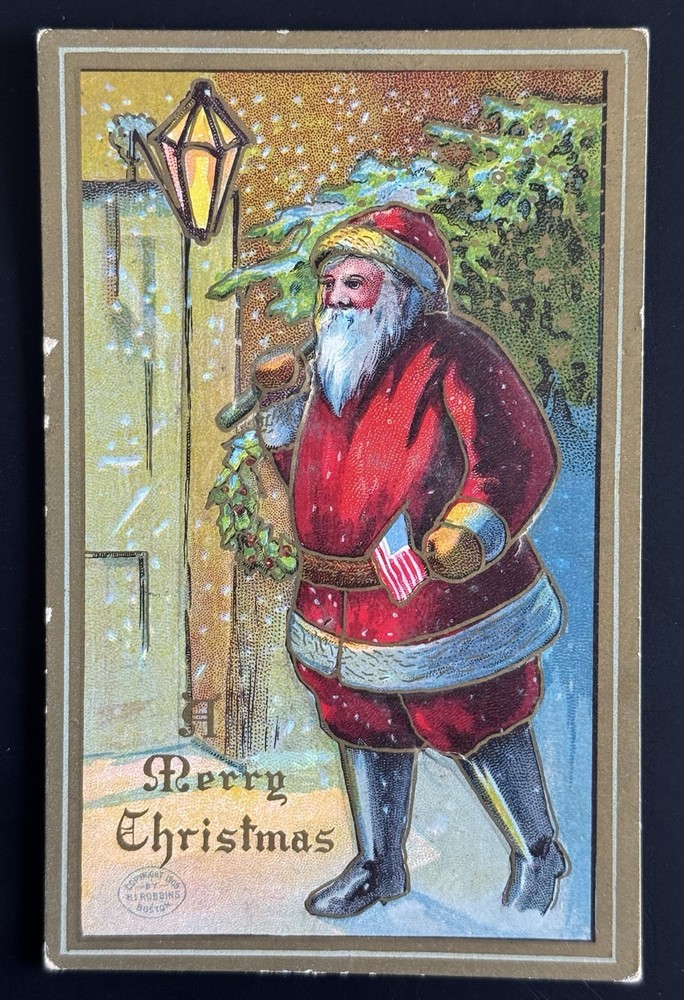 Vintage Christmas postcard Santa Claus embossed holds tree with American Flag