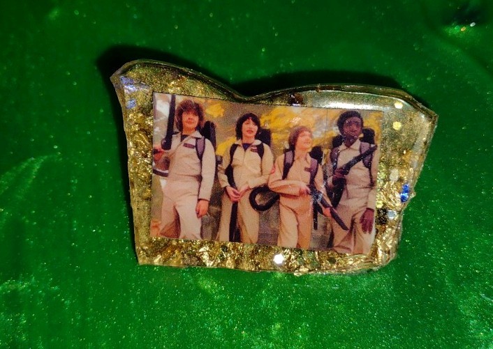 Stranger Things  GHOSTBUSTERS HALLOWEEN HANDMADE PIN. GOLD LEAF FLAKES