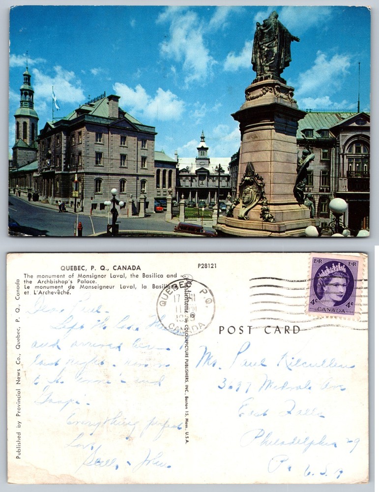 Quebec Canada Monument Street Scene Postcard