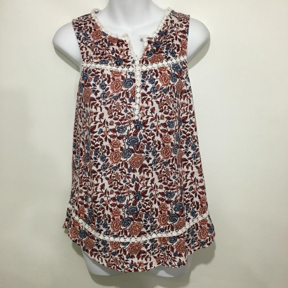 Lucky Brand Womens S Pink Blue Floral Sleeveless Top Lace Trim Cotton Blend