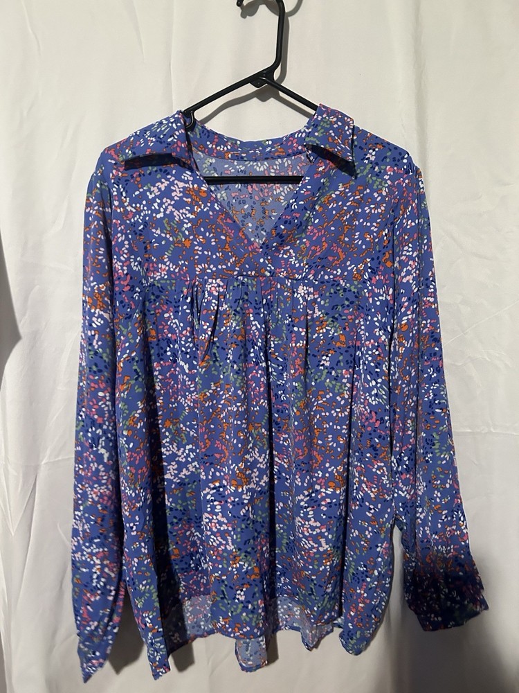 Womens XL Blue Floral Collared Long Sleeve Blouse Top