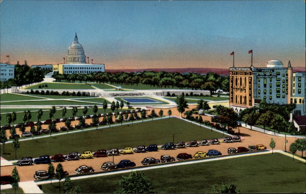 Hotel Continental ~ Washington DC ~ US Capitol ~ 1940s cars ~ vintage postcard