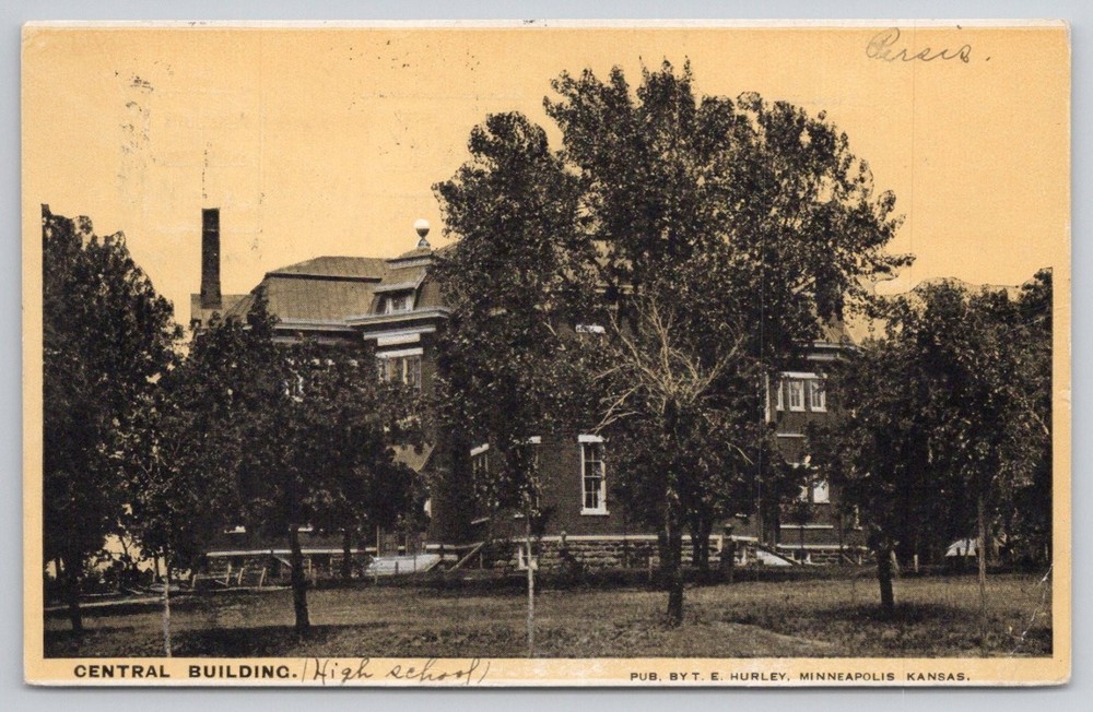 1907 Minneapolis Kansas Central High School Building Postcard T.E. Hurley