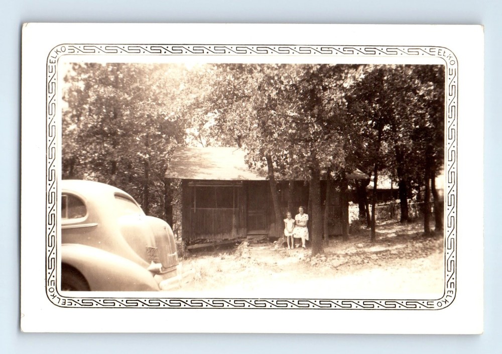 Old Vintage Photo WOMAN GIRL OUTSIDE CABIN CLASSIC CAR DECORATIVE BORDER ELKO