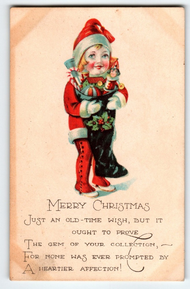 Christmas Postcard Child In Santa Hat Holds Stocking With Toys Vintage Antique