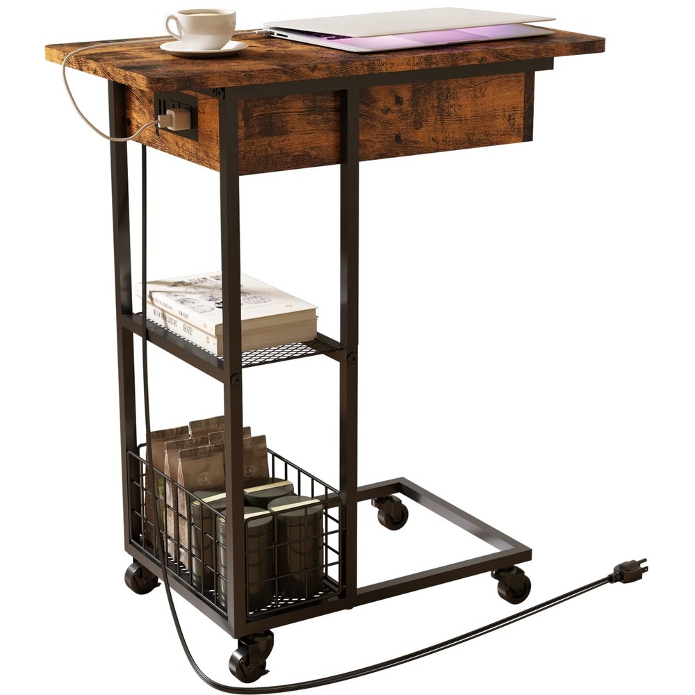 C Shaped End Table with Charging Station, Flip Top Side Table with USB Ports ...