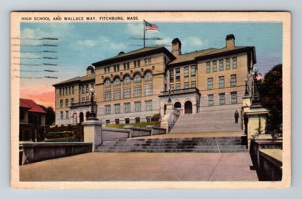 Fitchburg MA-Massachusetts High School And Wallace Way Vintage c1936 Postcard