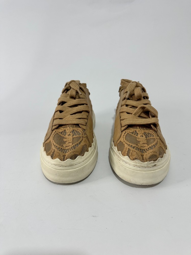 Chloe Beige Mesh and Leather Lauren Lace Up Sneakers Size 37 EU