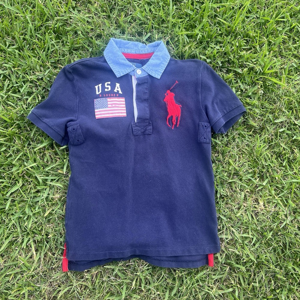 Boys' Polo Ralph Lauren Shirt Red FLAG PATCH Big Pony Size 8 Small