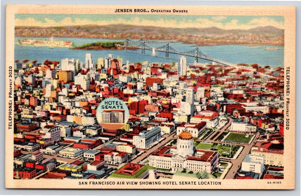 San Francisco California~Air View Hotel Senate & City~Vintage Linen Postcard
