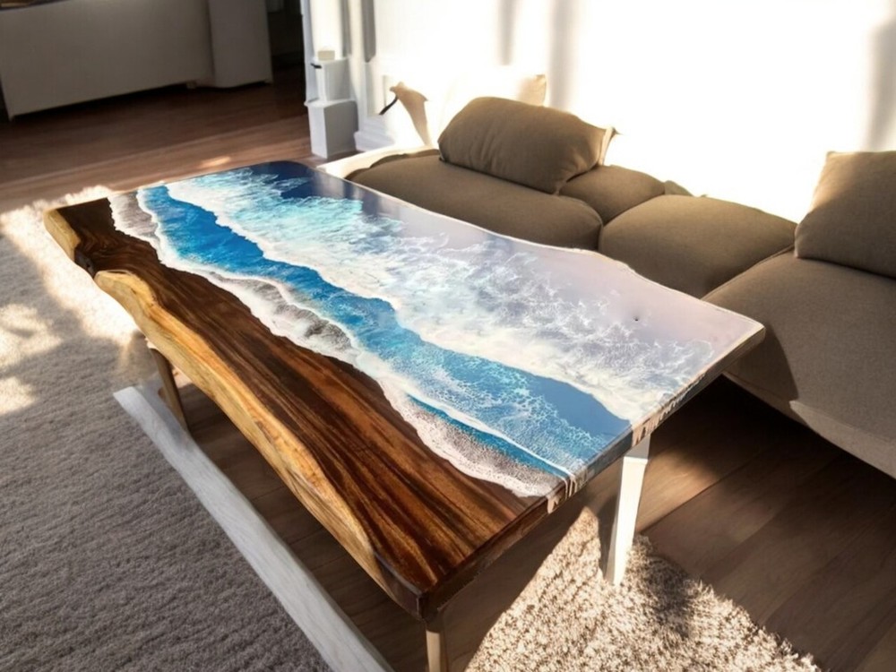 60x30 Blue Wave Epoxy Resin Dining Table with Natural Acacia Wood Decor