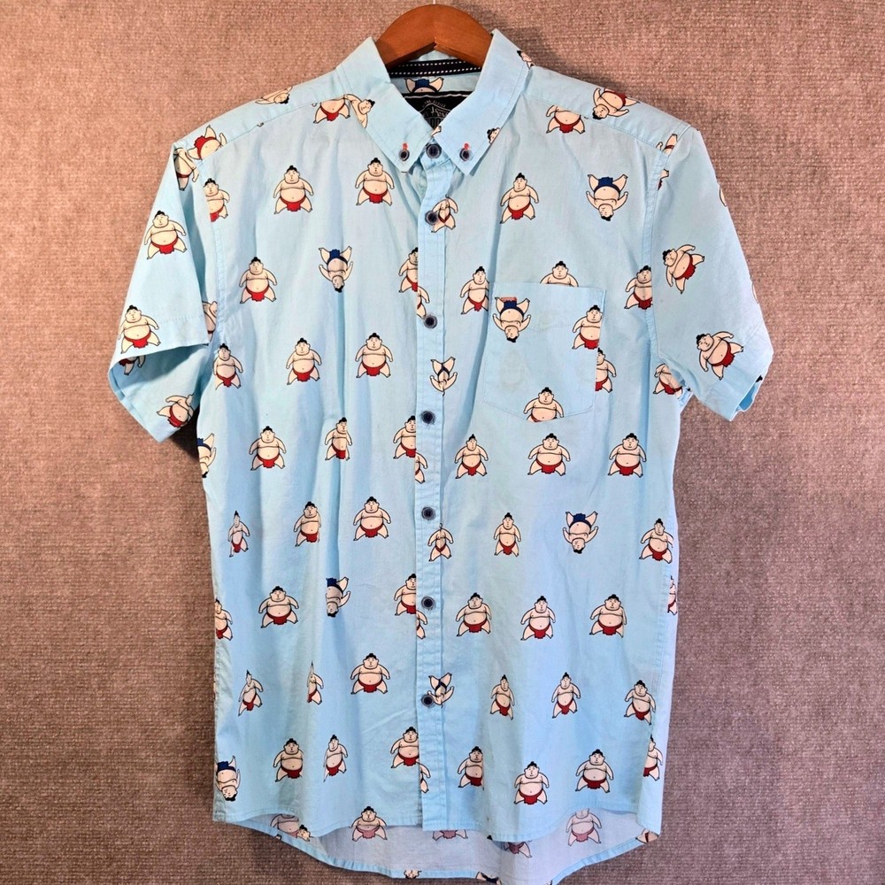 Five Points Industries Mens Slim Fit Flex Sumo Wrestler Print Blue Shirt Medium
