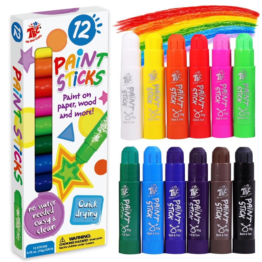 TBC The Best Crafts Paint Sticks,12 Classic Colors, Washable, Non-toxic, Tempera