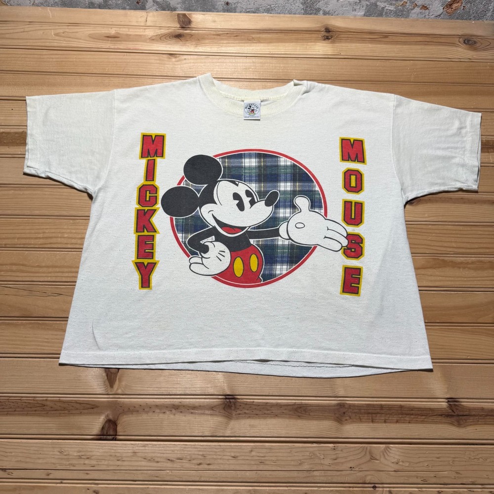 Vintage 90s Disney Mickey Mouse Plaid Boxy Cartoon Graphic T-Shirt USA One Size
